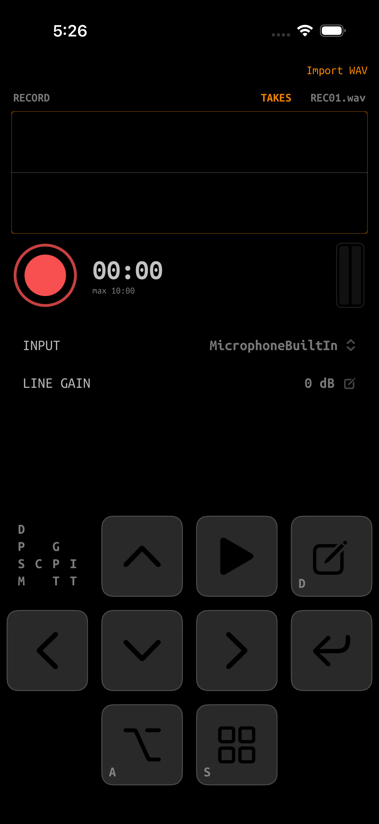 GlassTracker Record screen with input meter and takes